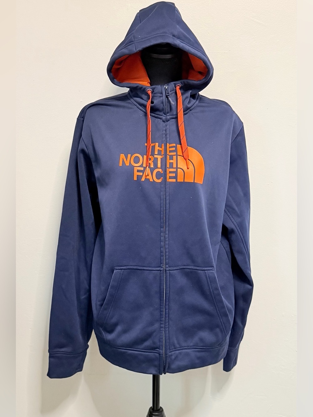 The North Face Navy Hoodie with Orange Logo and Lined Hood Large